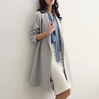Women\'s Casual/Daily Cute Spring Fall Coat, Solid Shirt Collar Long Sleeve Long Cotton