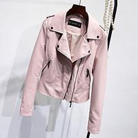 Women\'s Going out Casual/Daily Simple Spring Fall Leather Jacket, Solid Shirt Collar Long Sleeve Short PU