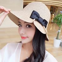 Women\'s Fashion Sweet Brim Floppy Straw Hat Sun Hat Beach Bucket Cap Bowknot Casual Holiday Outdoors Summer