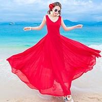 Women\'s Going out Beach Holiday Cute Shift Swing Dress, Solid V Neck Midi Sleeveless Nylon Summer Mid Rise Micro-elastic Thin