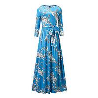 womens going out swing dress floral round neck maxi length sleeve poly ...