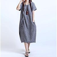 womens going out loose dress solid round neck midi short sleeve cotton ...