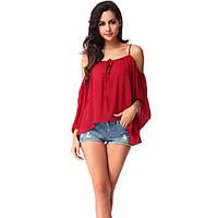 Women\'s Off The Shoulder Casual/Daily Simple Blouse, Solid Off Shoulder ¾ Sleeve Red Polyester