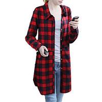 Women\'s Plus Size Simple Shirt, Plaid Shirt Collar Long Sleeve Blue Polyester