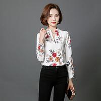 Women\'s Casual/Daily Street chic Spring Fall Shirt, Jacquard Round Neck Long Sleeve Blue Pink Black Polyester Translucent