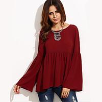 Women\'s Flare Sleeve Casual/Daily Street chic Spring / Fall BlouseSolid Round Neck Long Sleeve Red Polyester Medium