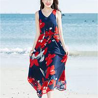 Women\'s Beach Holiday Boho Chiffon Dress Print Bow V Neck Midi Sleeveless Blue Summer Mid Rise Micro-elastic