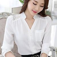 Women\'s Going out Casual/Daily Work Cute Street chic Blouse, Solid Embroidered V Neck Long Sleeve White Polyester