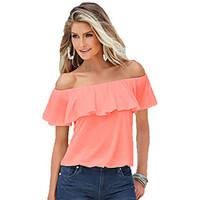 Women\'s Off The Shoulder Casual/Daily Sexy Summer T-shirt, Solid Boat Neck Short Sleeve Pink/White Cotton Thin