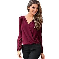 Women\'s Cut Out Going out Sexy Blouse, Color Block V Neck Long Sleeve Red/Black/Green/Purple Rayon Medium