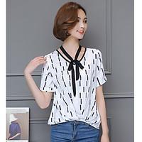 Women\'s Casual/Daily Simple Blouse, Striped V Neck Short Sleeve Cotton Polyester