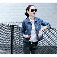 Women\'s Daily Casual Spring/Fall Denim Jacket, Solid Shirt Collar Long Sleeve Short Oxford