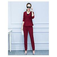 Women\'s Casual/Daily Simple Summer T-shirt Pant Suits, Solid V Neck ½ Length Sleeve Cotton