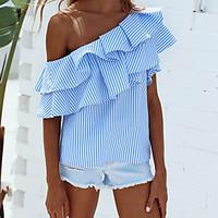 Women\'s Off The Shoulder Going out Casual/Daily Cute Street chic Summer Shirt, Striped Boat Neck Sleeveless Nylon