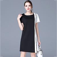 Women\'s Plus Size Slim Shift Dress Color Block Round Neck Asymmetrical Short Sleeve Black Polyester Summer Mid Rise