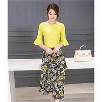 womens daily ruffled summer blouse skirt suits print round neck length ...
