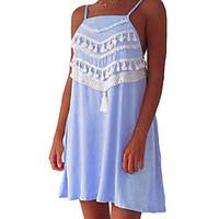 Women\'s BohoTassel Casual/Daily Street chic Shift Dress, Solid Strap Mini Sleeveless Polyester Summer Mid Rise Micro-elastic Medium