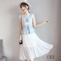Women\'s Daily Simple Loose Dress, Solid Round Neck Midi Sleeveless Chiffon Summer Mid Rise Micro-elastic Thin