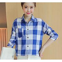 womens casualdaily simple shirt check square neck long sleeve cotton