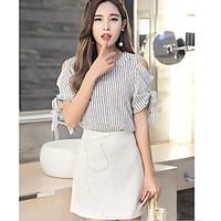 Women\'s Casual/Daily Work Cute Summer T-shirt Skirt Suits, Striped Round Neck Short Sleeve