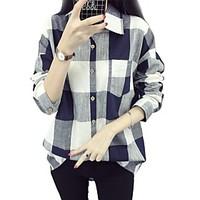 womens simple blouse solid color block check shirt collar long sleeve  ...