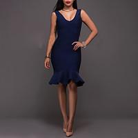 Women\'s Sexy Dress Formal Work Party/Cocktail Sexy Bodycon Sheath Trumpet/Mermaid Dress Solid V Neck Sleeveless Cotton Summer Purple Navy Blue