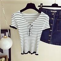 Women\'s Going out Casual/Daily Holiday Regular Pullover, Striped V Neck Short Sleeve Others Spring Fall Thin Stretchy