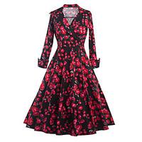 Women\'s Casual/Daily Vintage Sheath DressFloral V Neck Knee-length Long Sleeve Black Cotton / Polyester