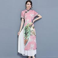 womens going out vintage swing dress print stand maxi short sleeve nyl ...