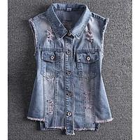 Women\'s Casual/Daily Simple Summer Denim Jacket, Solid Shirt Collar Sleeveless Regular Linen