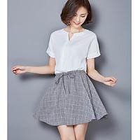Women\'s Casual/Daily Simple Sheath Dress, Solid Check Shirt Collar Mini Short Sleeve Polyester Summer Mid Rise Inelastic Medium