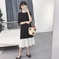 Women\'s Going out Loose Dress, Solid Polka Dot Round Neck Maxi Short Sleeve Cashmere Wool Summer Low Rise Micro-elastic Medium