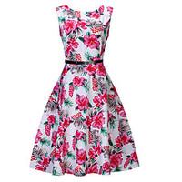 Women\'s Casual/Daily Beach Holiday Vintage Sheath Swing Dress, Floral Round Neck Knee-length Sleeveless Cotton Polyester Summer High Rise