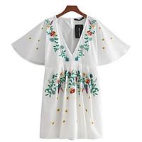 Women\'s Daily Loose Dress, Embroidery V Neck Above Knee ½ Length Sleeve Cotton Blend Summer High Rise Micro-elastic Thin