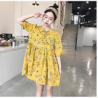 Women\'s Going out Loose Chiffon Dress, Geometric Round Neck Maxi ½ Length Sleeve Others Summer High Rise Micro-elastic Thin Medium