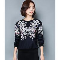 Women\'s Casual/Daily Sweatshirt Solid Print Round Neck Micro-elastic Cotton Long Sleeve Spring