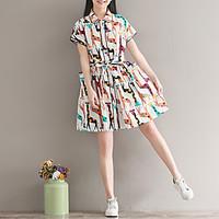 Women\'s Daily Sheath Dress, Floral Print Round Neck Midi Short Sleeve 100%Cotton Summer Low Rise Micro-elastic Medium