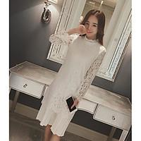 Women\'s Casual/Daily Simple Lace DressSolid Crew Neck Midi Long Sleeve Cotton Spring Fall Mid Rise Micro-elastic Thin
