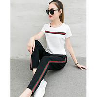 womens sports active summer t shirt pant suits solid round neck short  ...