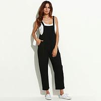 Women\'s Solid Black Jumpsuits, Plus Size / Cute / Casual / Day Strap Sleeveless Loose Thin Elastic Waist Cotton/Linen