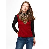 Women\'s Lace Casual/Daily/Plus Size Simple Spring/Fall/Winter Blouse, Solid Stand Long Sleeve Red/Black Polyester Medium