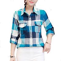 Women\'s Casual/Daily Simple All Seasons Shirt, Plaid V Neck Long Sleeve Red Cotton / Polyester Thin