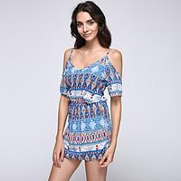 Women\'s BohoOff The Shoulder Casual/Daily Boho Sheath Dress, Print Strap Above Knee Short Sleeve Blue Polyester Summer