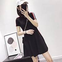 Women\'s Casual/Daily A Line Dress, Solid Striped Crew Neck Above Knee Short Sleeve Polyester Summer Mid Rise Micro-elastic Thin