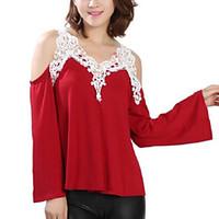 Women\'s Off The Shoulder Patchwork Lace Strap Off-The-Shoulder All Match Loose Casual V Neck Long Sleeve Plus Size T-shirt