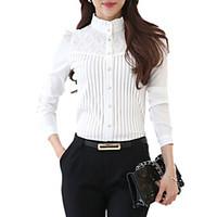 Women\'s Fine Stripe Stand Collar Lace Patchwork Stripe Puff Sleeve Wild Slim Shirt