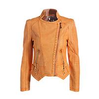 Women\'s Casual/Daily Simple Spring / Fall Leather Jackets, Solid Shirt Collar Long Sleeve Black / Orange Polyester Medium