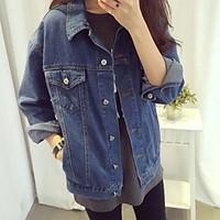 Women\'s Casual/Daily Street chic Spring Denim Jackets, Solid Shirt Collar Long Sleeve Silver Cotton Medium