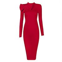 Women\'s Bow Party Sexy/Vintage Bodycon Dress, Solid Stand Knee-length Long Sleeve Red/Black Cotton/Polyester/SpandexAll