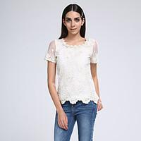 Women\'s Lace Lace Beige Blouse, Vintage Round Neck Short Sleeve Lace Crochet And Beaded